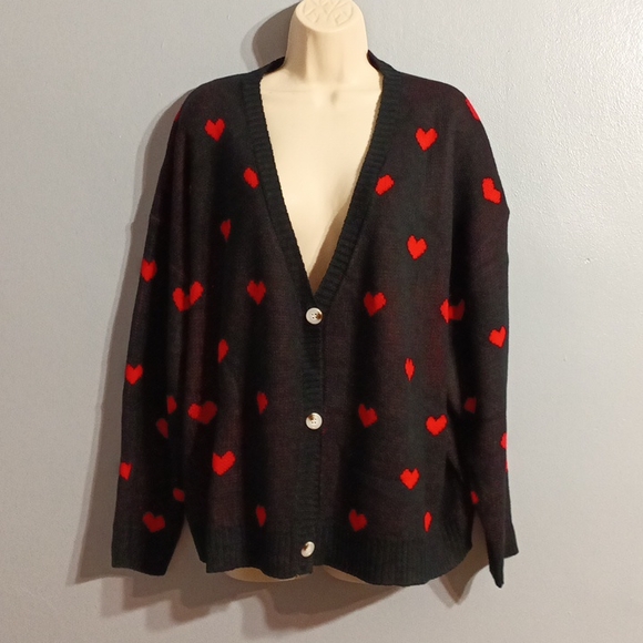 Shein Plus black with red ♥️ heart pattern drop shoulder duster cardigan 3xl - Picture 7 of 17